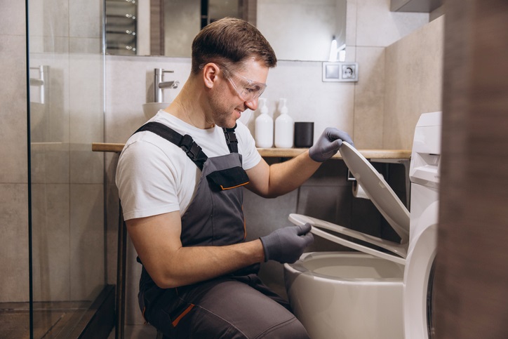 Plumber inspecting a toilet in a modern bathroom in Visalia, CA