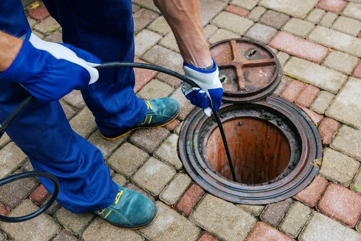 A worker using a drain snake in a manhole in Visalia, CA