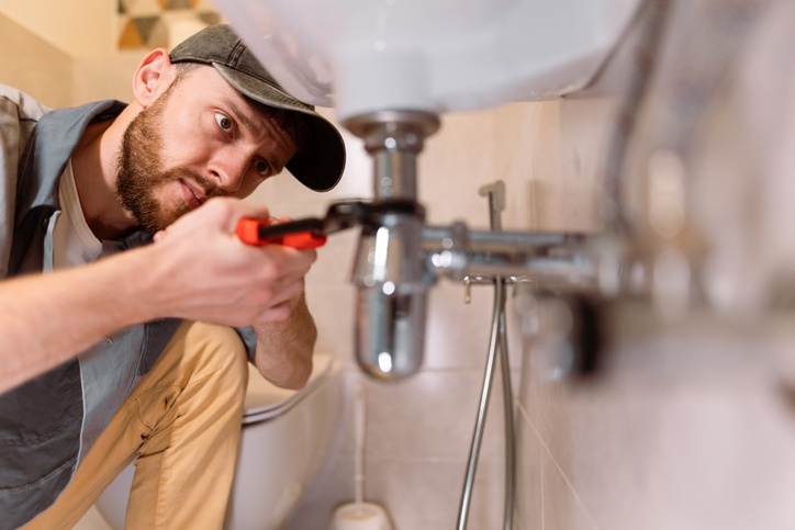 Plumber tightening a drain pipe beneath a sink in Visalia, CA